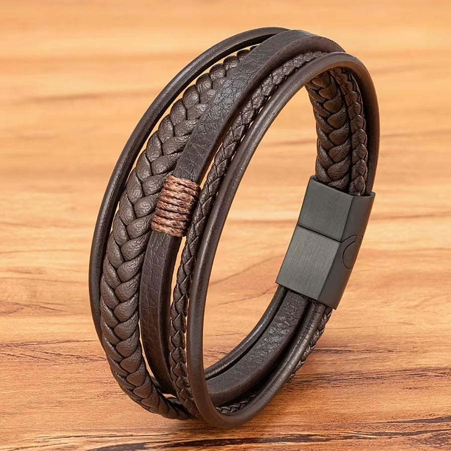 Luxury Hand-Woven Leather Multilayer Bracelet for Men with Stainless Steel Magnetic Buckle - Elegant Party Jewelry Gift