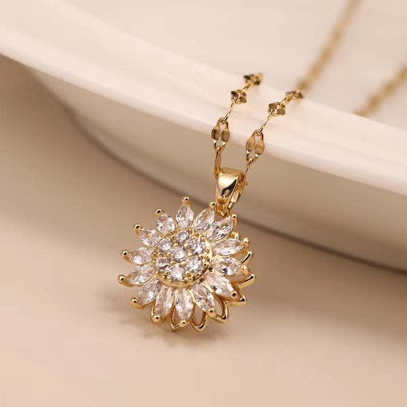 Double-Layer Rotatable Sunflower Necklaces for Women Chain Choker Stainless Steel Jewelry Accessories