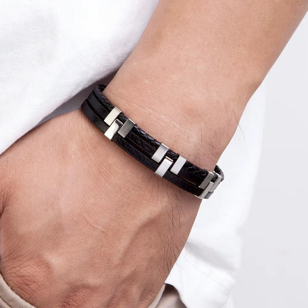 Black Brown Blue Color Three-Layer Stitching Accessories Stainless Steel Men'S Leather Bracelet Advanced Design Style Gift