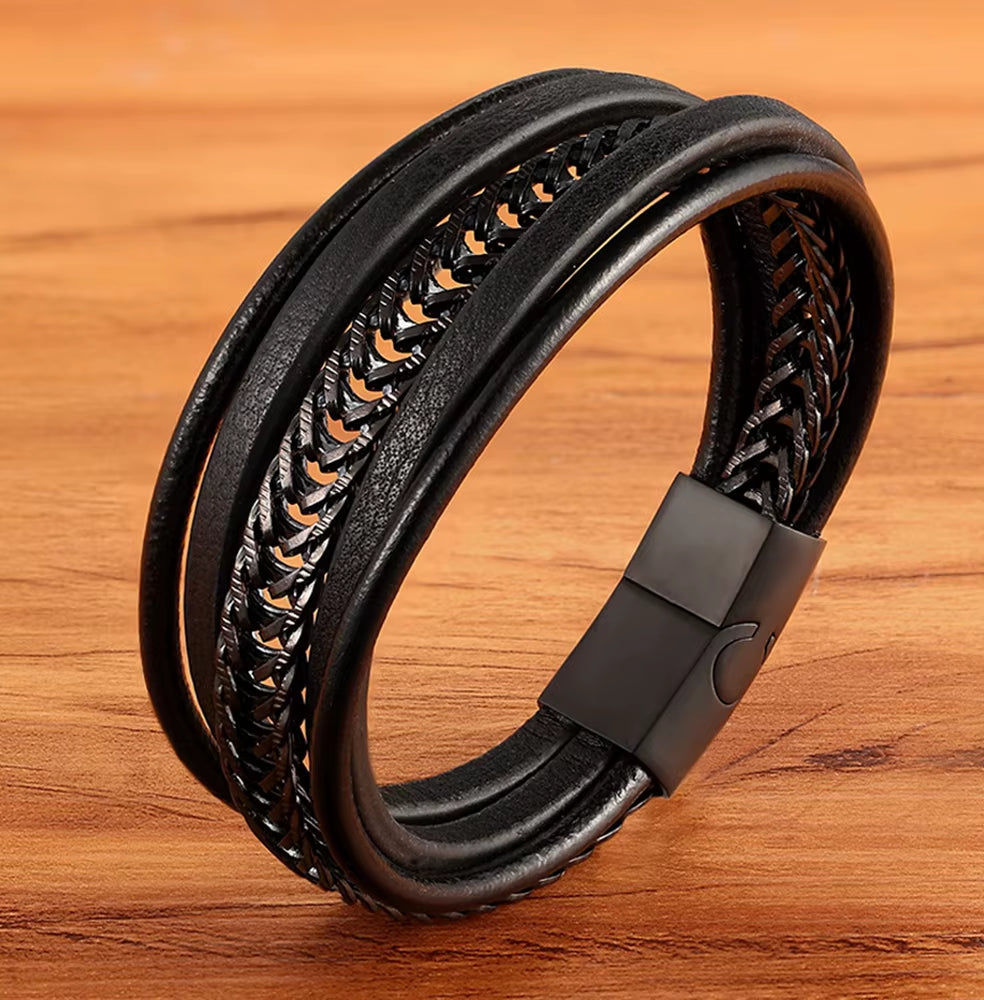 Multi-Layer Stainless Steel Combination Black Leather for Men Bracelet Black Color Selection Xmas Surprise Gift