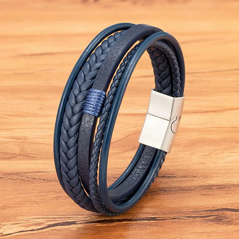 Luxury Hand-Woven Leather Multilayer Bracelet for Men with Stainless Steel Magnetic Buckle - Elegant Party Jewelry Gift