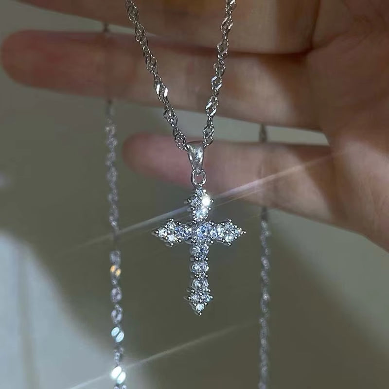 Shiny Crystal Zircon Cross Pendant Necklace for Women Girls Punk Silver Color Thin Chain Necklace Party Jewelry Birthday Gift