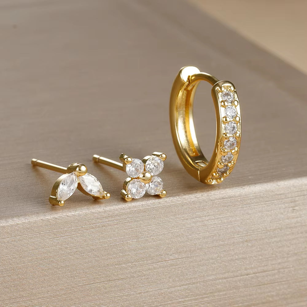 3PCS Stainless Steel Gold Color Circle Hoop Earrings Set for Women Simple Zircon Flower Stud Earring Cartilage Piercing Jewelry