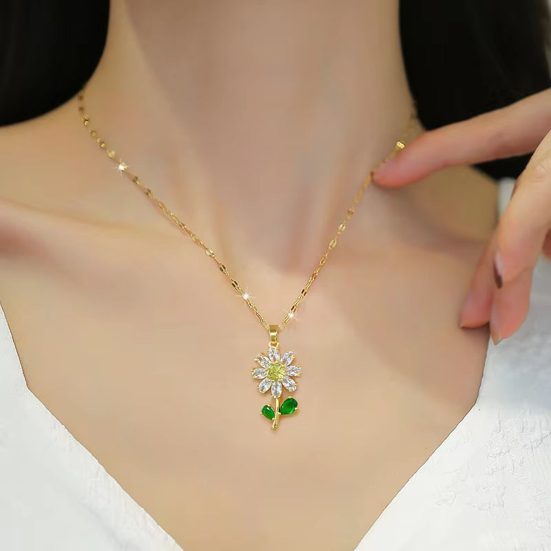 Double-Layer Rotatable Sunflower Necklaces for Women Chain Choker Stainless Steel Jewelry Accessories