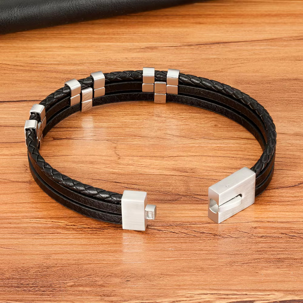 Black Brown Blue Color Three-Layer Stitching Accessories Stainless Steel Men'S Leather Bracelet Advanced Design Style Gift