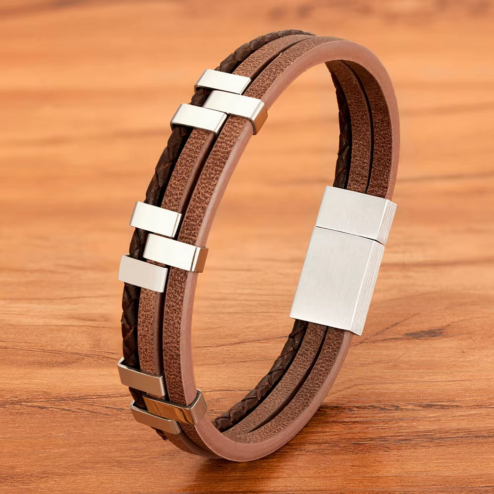 Black Brown Blue Color Three-Layer Stitching Accessories Stainless Steel Men'S Leather Bracelet Advanced Design Style Gift