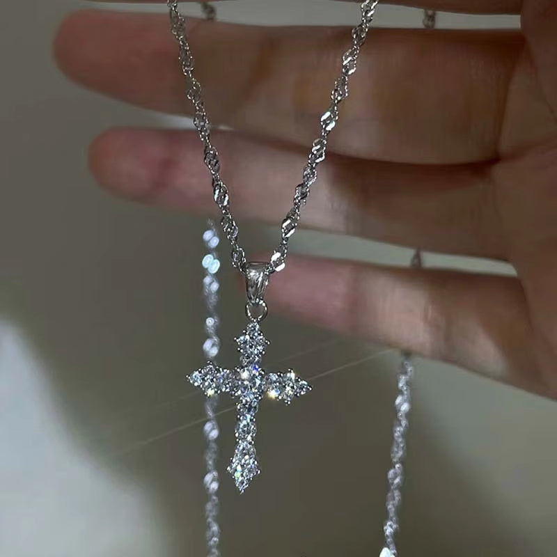 Shiny Crystal Zircon Cross Pendant Necklace for Women Girls Punk Silver Color Thin Chain Necklace Party Jewelry Birthday Gift