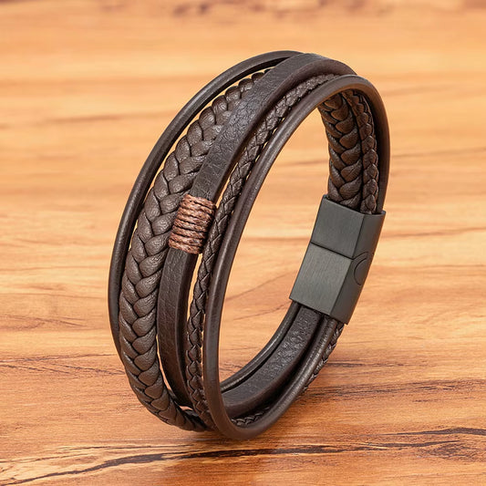 Luxury Hand-Woven Leather Multilayer Bracelet for Men with Stainless Steel Magnetic Buckle - Elegant Party Jewelry Gift