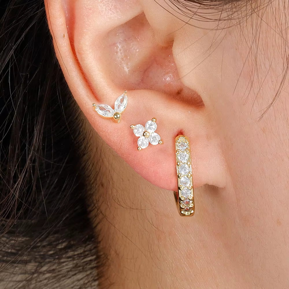 3PCS Stainless Steel Gold Color Circle Hoop Earrings Set for Women Simple Zircon Flower Stud Earring Cartilage Piercing Jewelry