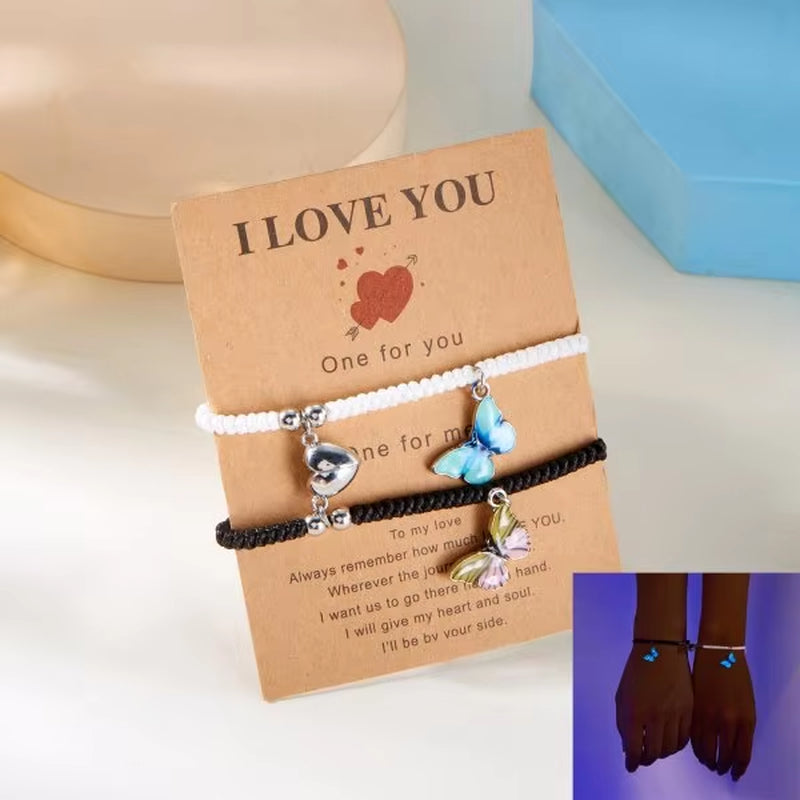 2 Pcs/Set Butterfly Couples Pendant Luminous Bracelet for Women Lover Black Rope Charm Friendship Girlfriend Party Jewelry Gift