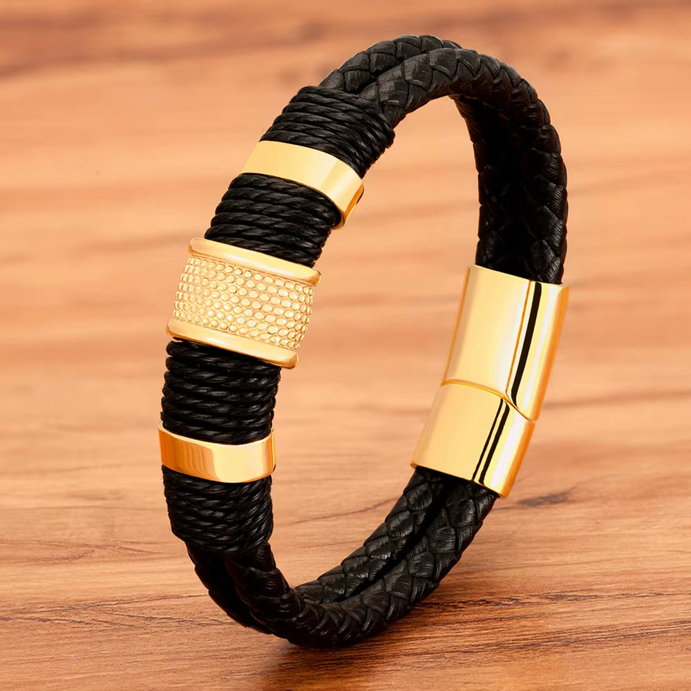 Woven Leather Rope Wrap Special Style Classic Stainless Steel Men'S Leather Bracelet Double-Layer Design DIY Customization