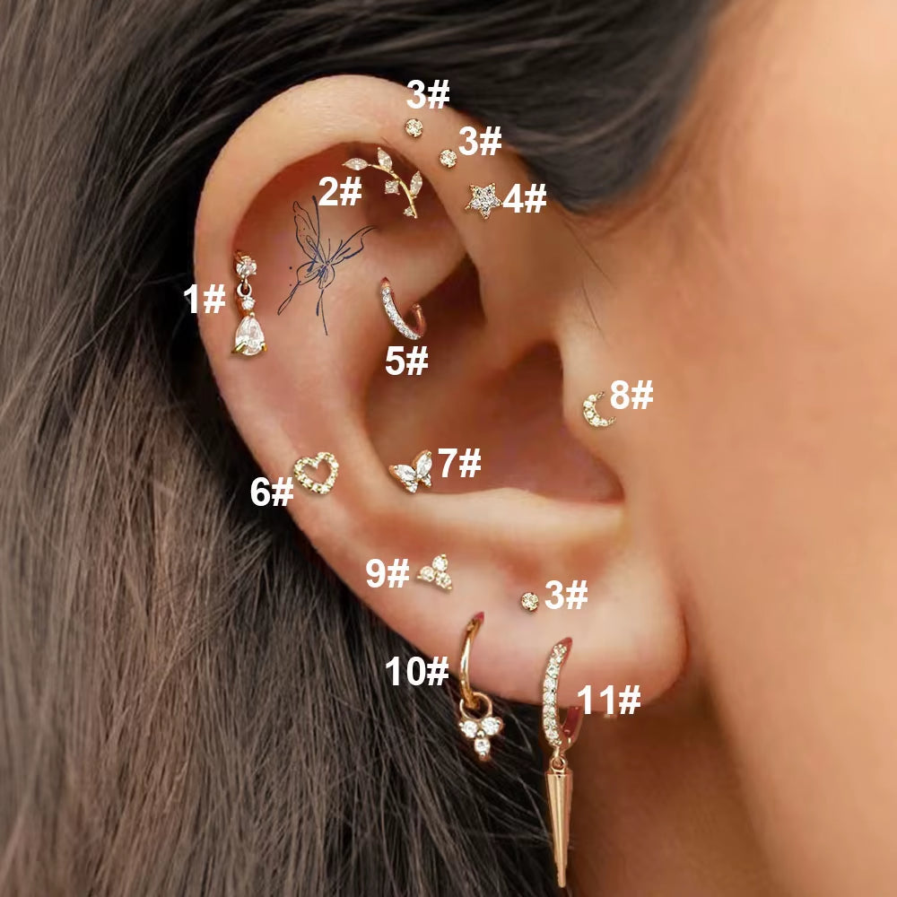 1PC Tragus Rook Helix Piercing for Women Zirconia Moon Heart Butterfly Lobaxe Cartilage Ear Percing Chain Drop Earring Jewelry