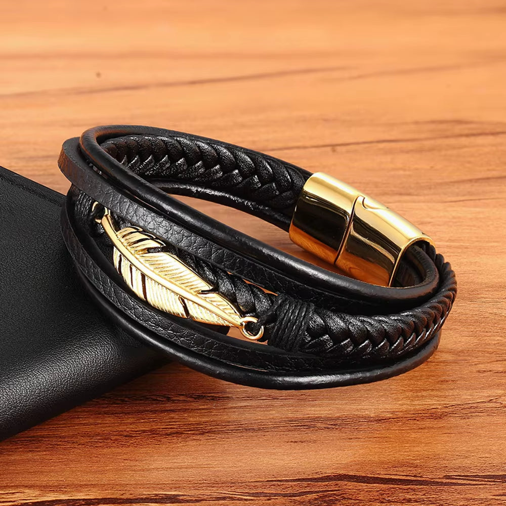 Multi-Layer Leather Feather Shape Accessories Men'S Bracelet Stainless Steel Leather Bracelet for Special Birthday Present