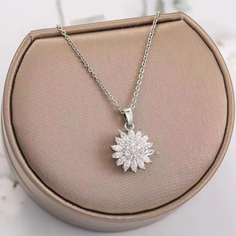 Double-Layer Rotatable Sunflower Necklaces for Women Chain Choker Stainless Steel Jewelry Accessories