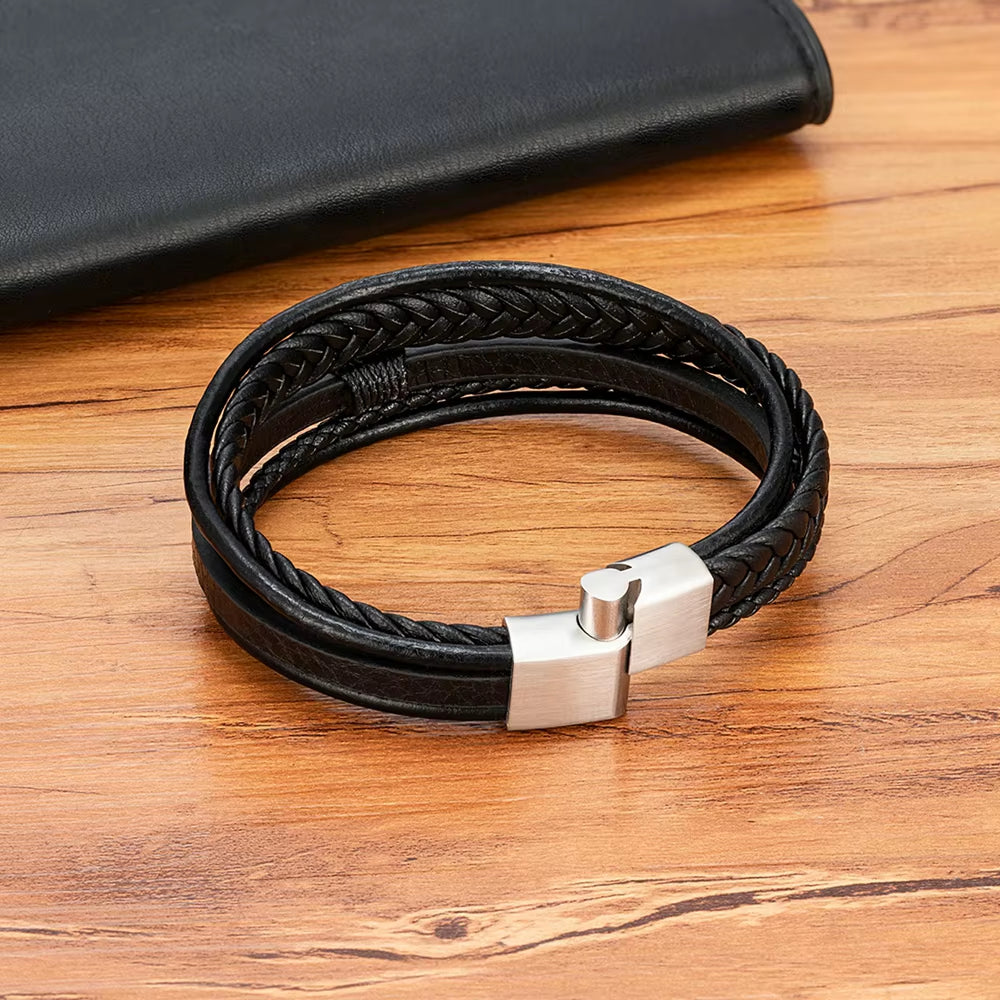 Luxury Hand-Woven Leather Multilayer Bracelet for Men with Stainless Steel Magnetic Buckle - Elegant Party Jewelry Gift