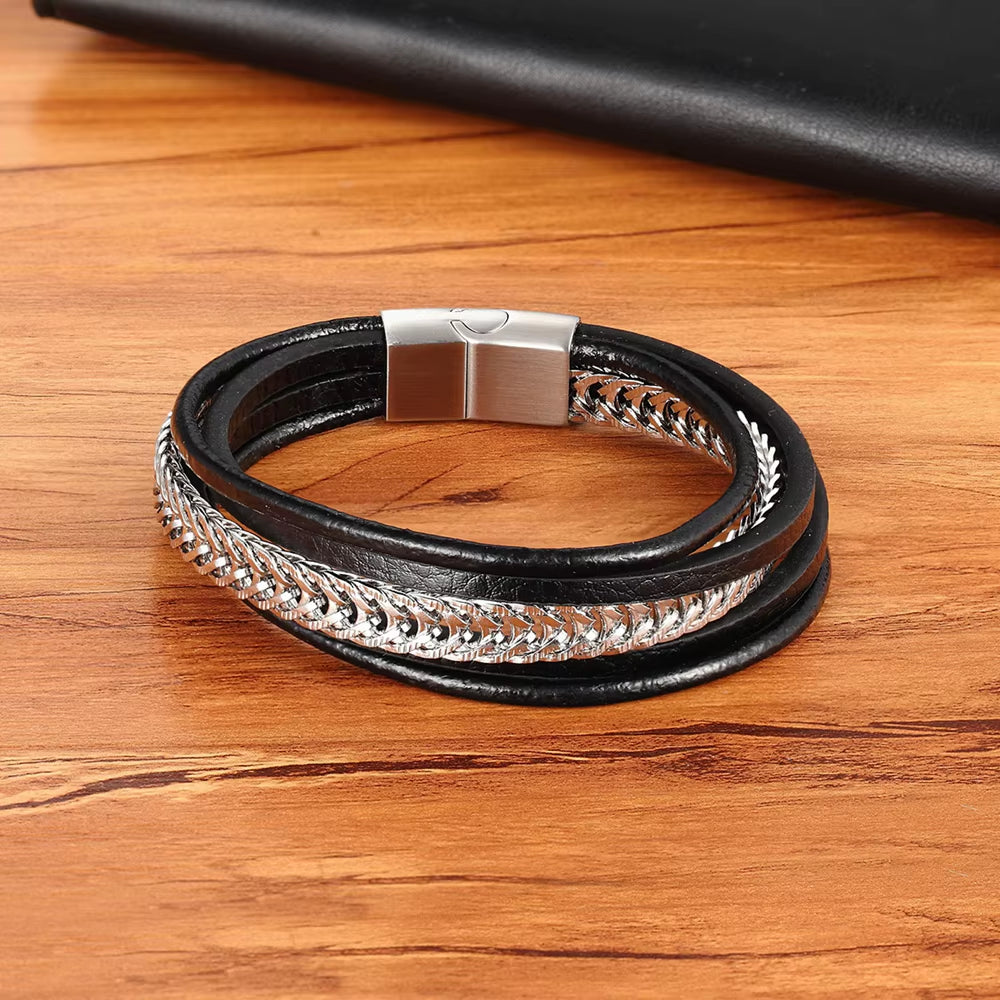 Multi-Layer Stainless Steel Combination Black Leather for Men Bracelet Black Color Selection Xmas Surprise Gift