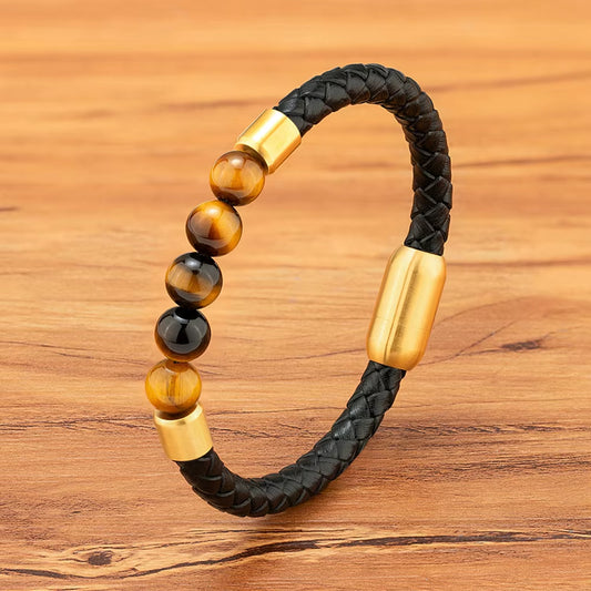 High Quality Leather Bracelet Men Classic Fashion Tiger Eye Beaded Bracelet Magnet Clasp Design for Men Jewelry Gift