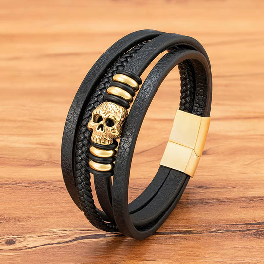 Fashion Men Bracelet Hand Homme Bracelets Woven Skull Hand Jewelry for Stainless Steel Magnet Clasp Leather Bangles Gift