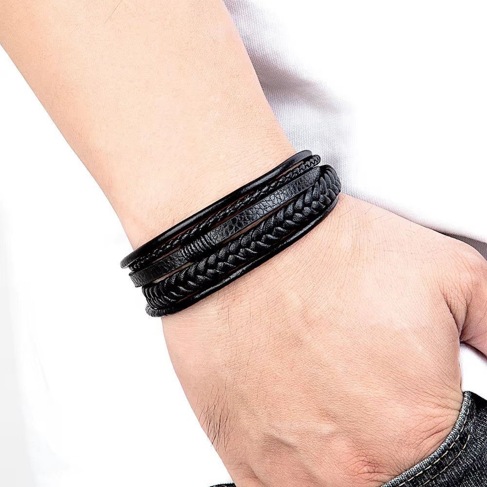 Luxury Hand-Woven Leather Multilayer Bracelet for Men with Stainless Steel Magnetic Buckle - Elegant Party Jewelry Gift