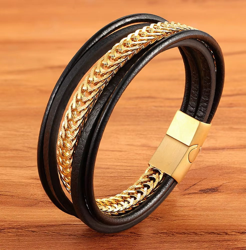 Multi-Layer Stainless Steel Combination Black Leather for Men Bracelet Black Color Selection Xmas Surprise Gift