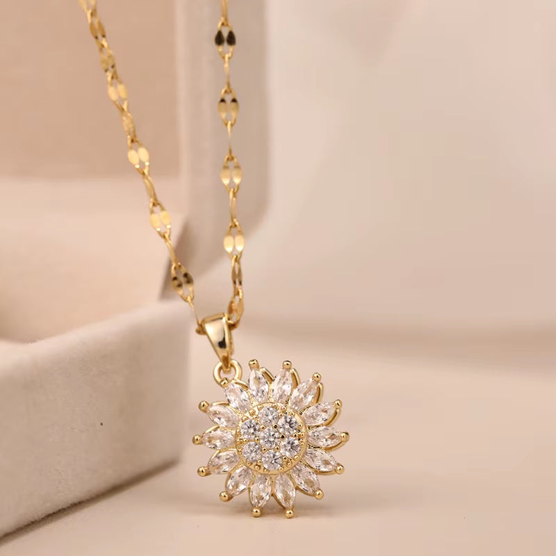 Double-Layer Rotatable Sunflower Necklaces for Women Chain Choker Stainless Steel Jewelry Accessories