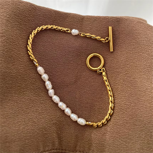 316L Stainless Steel Simplicity Vintage Irregular Shaped Pearl OT Buckle Chain Bracelet for Women Fashion Fine Jewelry Gift B628