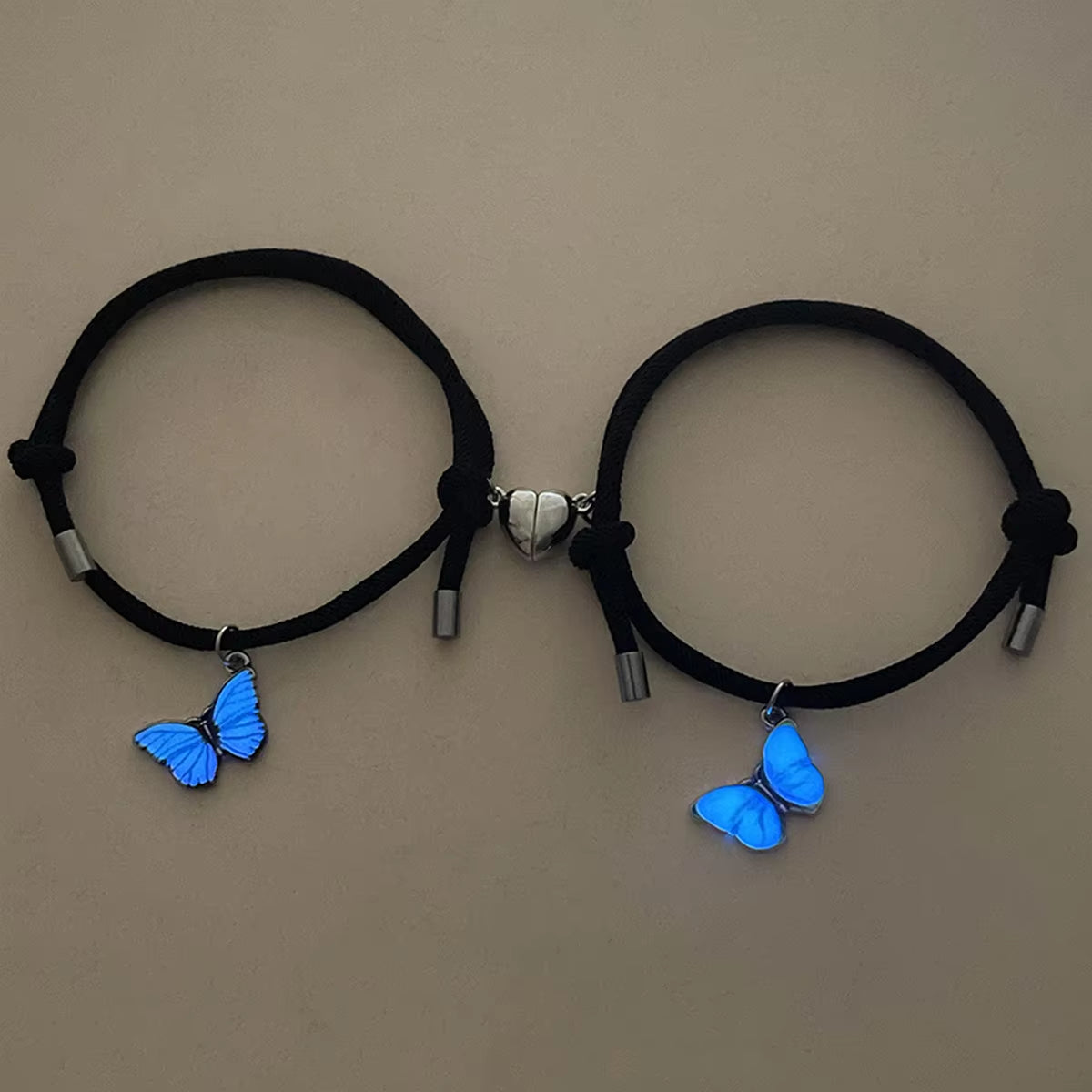 2 Pcs/Set Butterfly Couples Pendant Luminous Bracelet for Women Lover Black Rope Charm Friendship Girlfriend Party Jewelry Gift