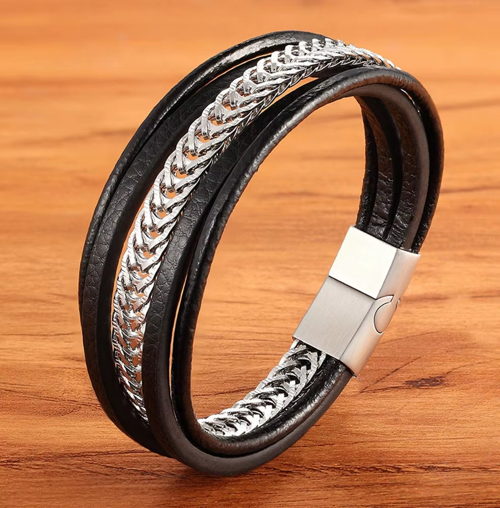 Multi-Layer Stainless Steel Combination Black Leather for Men Bracelet Black Color Selection Xmas Surprise Gift