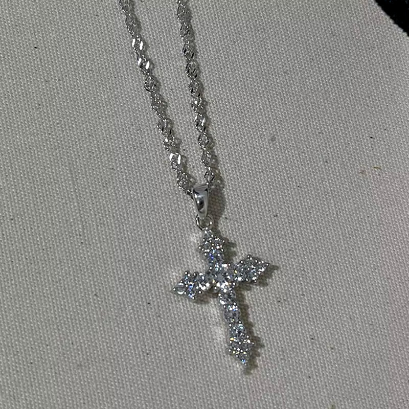 Shiny Crystal Zircon Cross Pendant Necklace for Women Girls Punk Silver Color Thin Chain Necklace Party Jewelry Birthday Gift