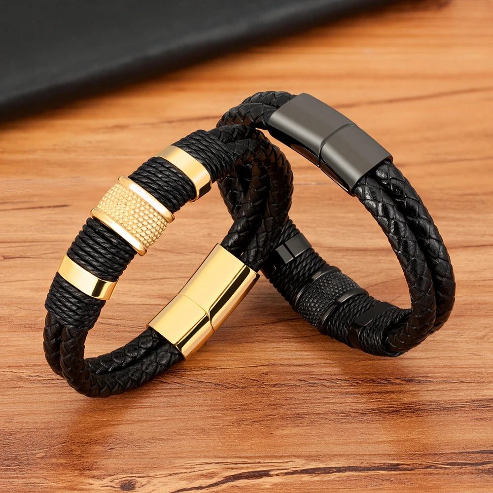 Woven Leather Rope Wrap Special Style Classic Stainless Steel Men'S Leather Bracelet Double-Layer Design DIY Customization