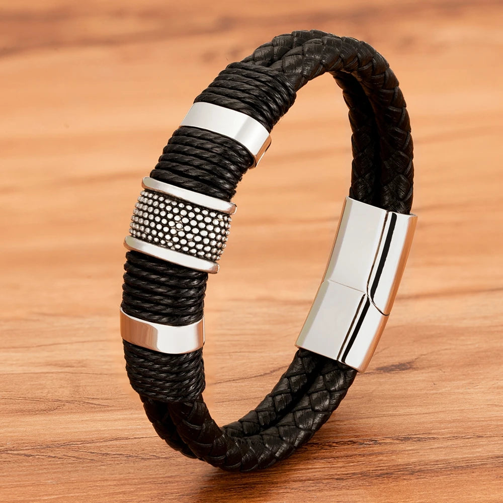 Woven Leather Rope Wrap Special Style Classic Stainless Steel Men'S Leather Bracelet Double-Layer Design DIY Customization