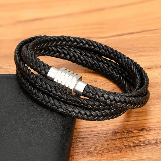 New Design Two Layers Braided Rope Brown Black Leather Bracelet for Stainless Steel Men Bangles Charm Jewelry Birthday Gift