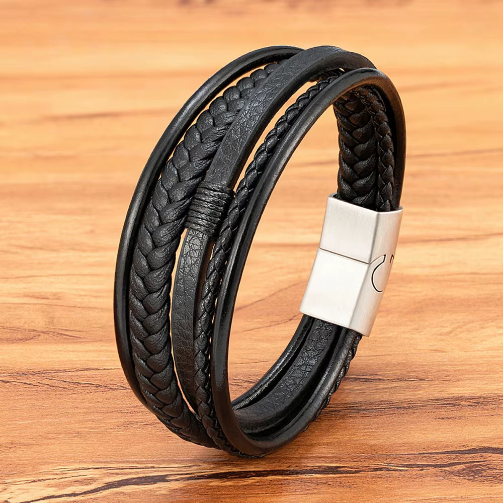 Luxury Hand-Woven Leather Multilayer Bracelet for Men with Stainless Steel Magnetic Buckle - Elegant Party Jewelry Gift