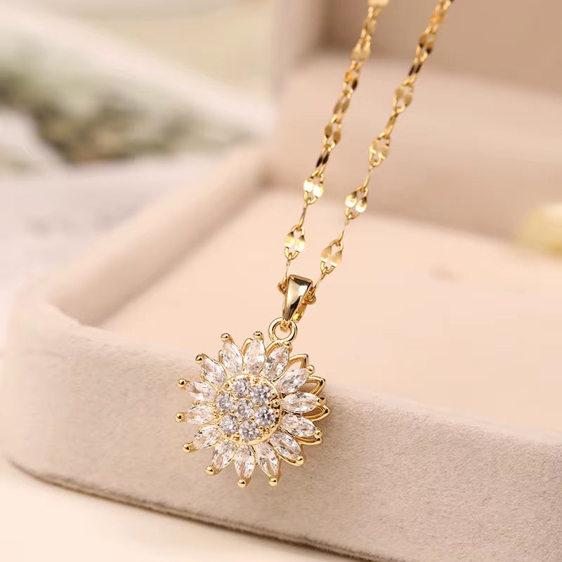 Double-Layer Rotatable Sunflower Necklaces for Women Chain Choker Stainless Steel Jewelry Accessories