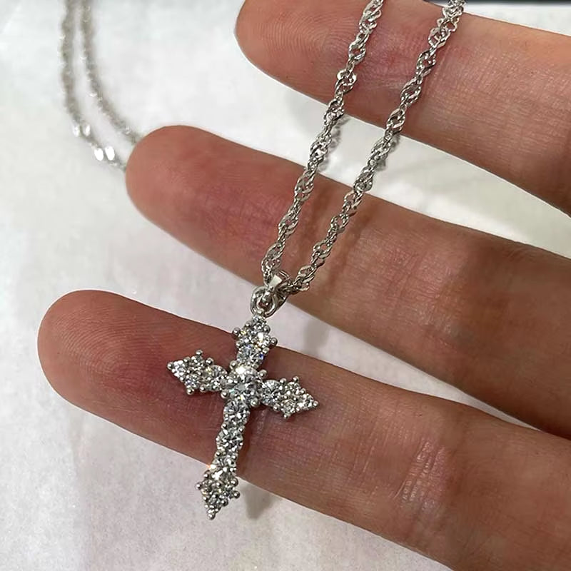 Shiny Crystal Zircon Cross Pendant Necklace for Women Girls Punk Silver Color Thin Chain Necklace Party Jewelry Birthday Gift