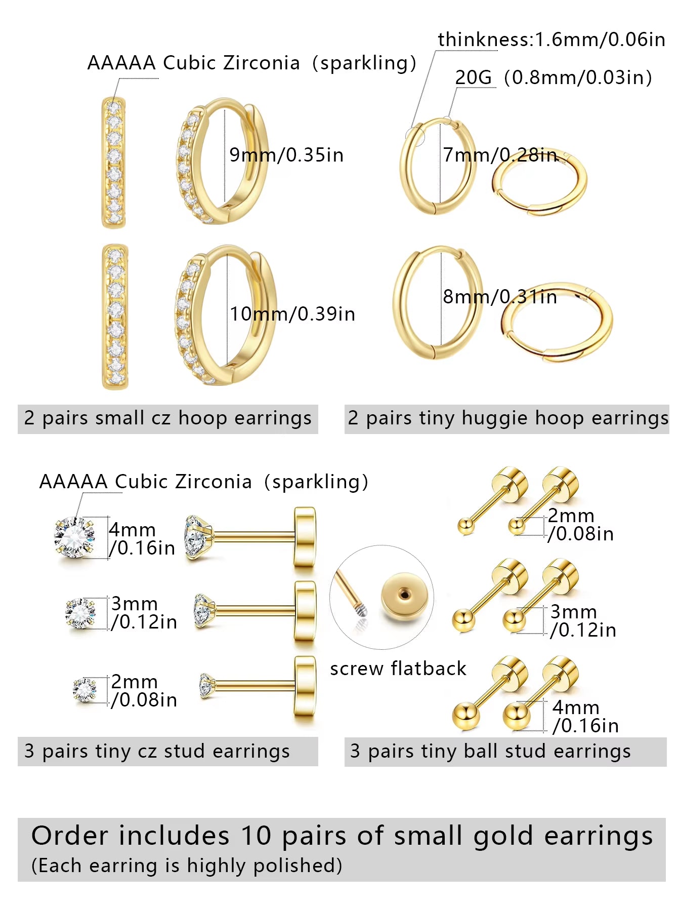 10 Pairs Small Gold Hoop Stud Earrings for Women, 18K Gold Plated Tiny Stainless Steel Earrings Sets for Multiple Piercing