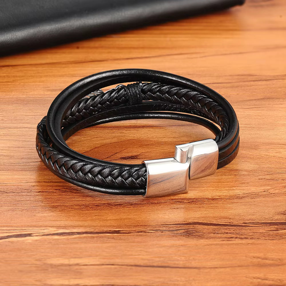 Multi-Layer Leather Feather Shape Accessories Men'S Bracelet Stainless Steel Leather Bracelet for Special Birthday Present