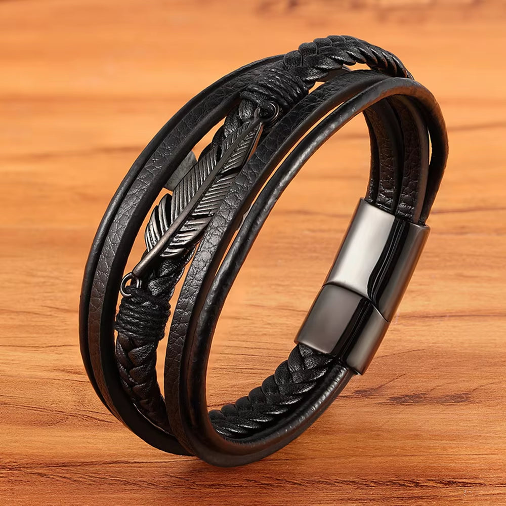 Multi-Layer Leather Feather Shape Accessories Men'S Bracelet Stainless Steel Leather Bracelet for Special Birthday Present