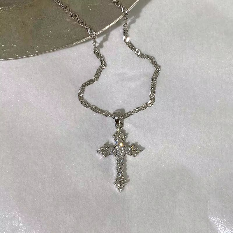 Shiny Crystal Zircon Cross Pendant Necklace for Women Girls Punk Silver Color Thin Chain Necklace Party Jewelry Birthday Gift