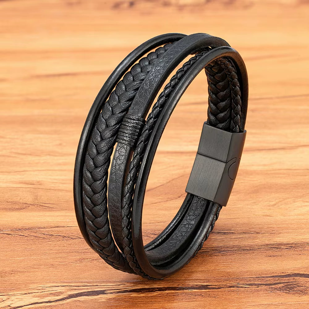 Luxury Hand-Woven Leather Multilayer Bracelet for Men with Stainless Steel Magnetic Buckle - Elegant Party Jewelry Gift