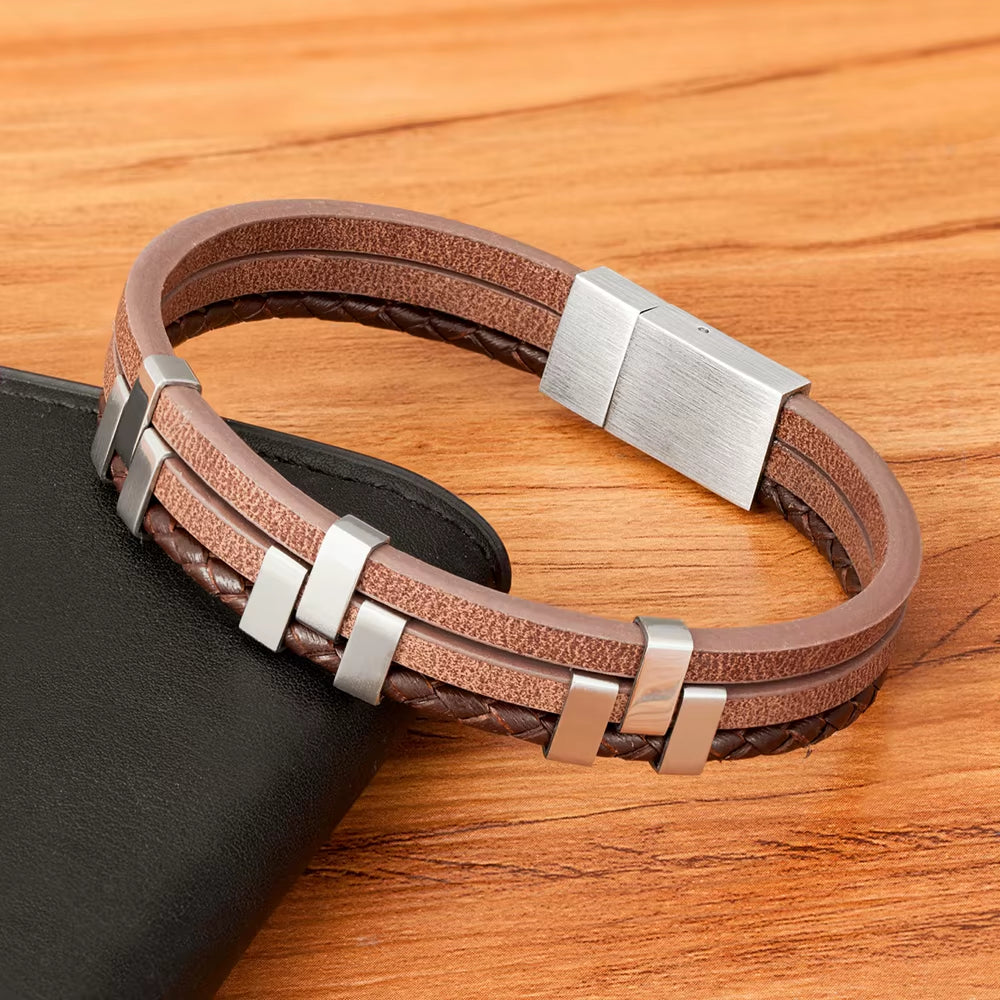 Black Brown Blue Color Three-Layer Stitching Accessories Stainless Steel Men'S Leather Bracelet Advanced Design Style Gift