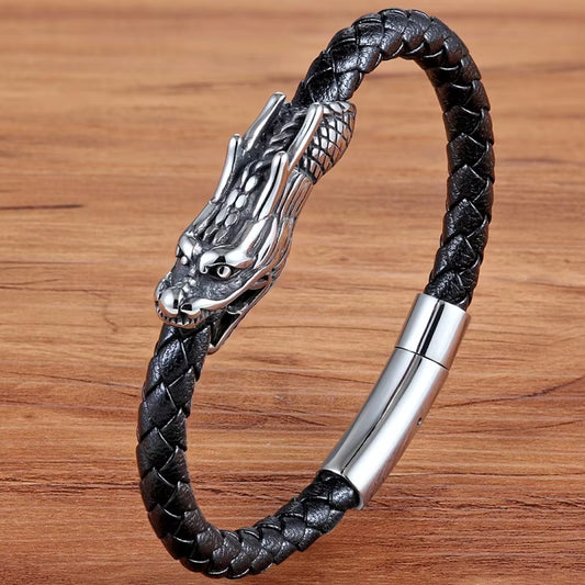 Men Jewelry 19/21CM Retro Chinese Symbol Dragon Pattern Genuine Leather Bracelet with Magnet Clasp for Birthday Party Gift