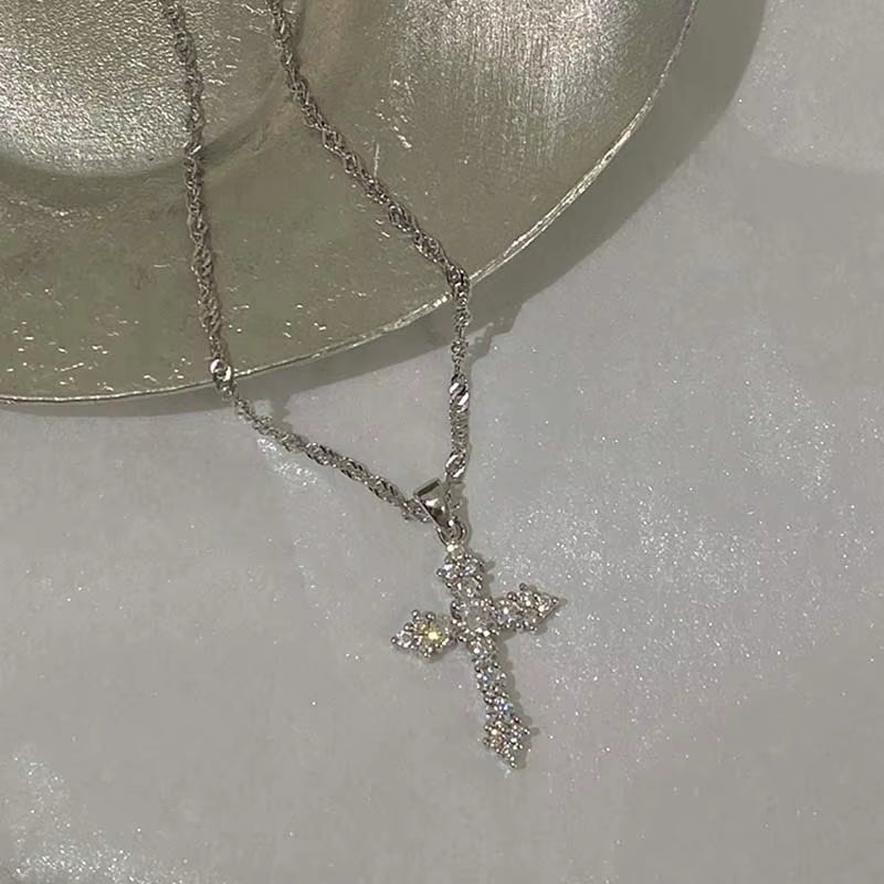 Shiny Crystal Zircon Cross Pendant Necklace for Women Girls Punk Silver Color Thin Chain Necklace Party Jewelry Birthday Gift